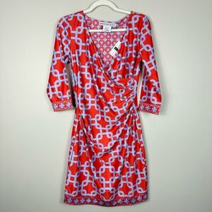Gretchen Scott Designs Red and Light Blue Geometric Wrap-Style Dress